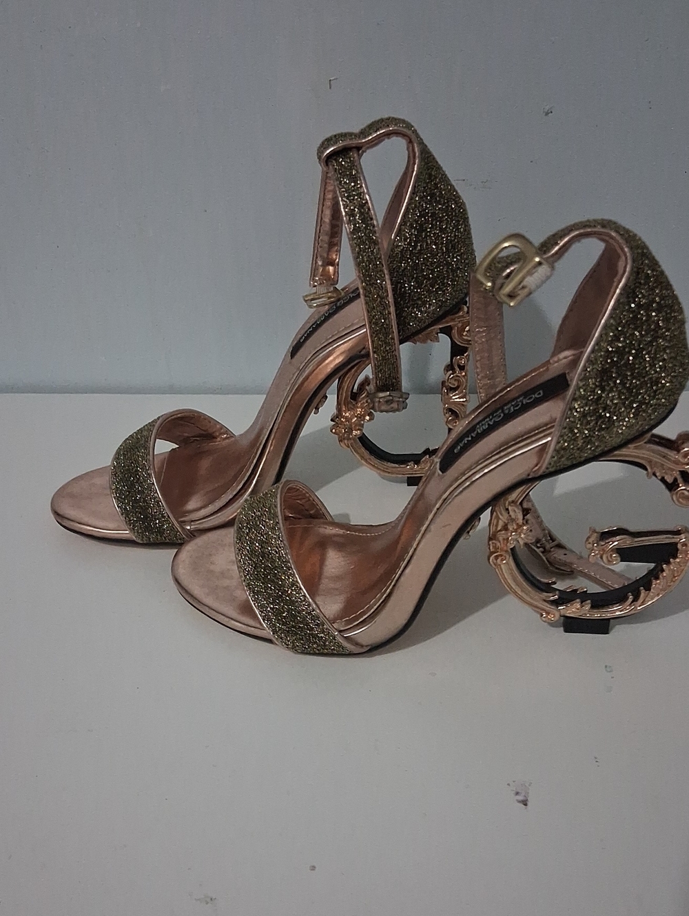 Dolce & Gabbana Olive Gold Glitter Heel Sandals